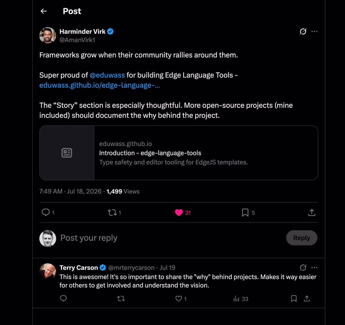 Harminder Virk on X: "Frameworks grow when their community rallies around them. Super proud of @eduwass for building Edge Language Tools. The Story section is especially thoughtful. More open-source projects (mine included) should document the why behind the project."